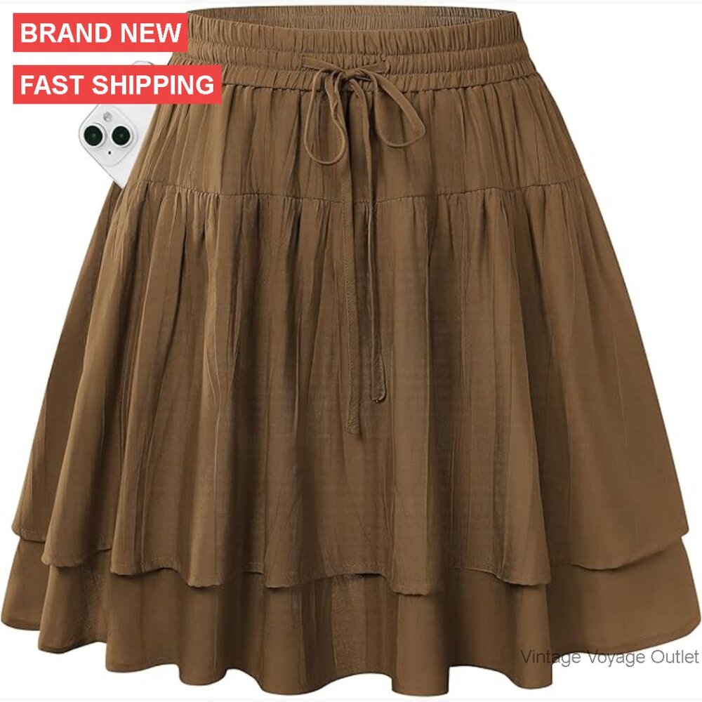 High Waist Flowy Ruffle Tiered Mini Skort with Pockets and Shorts